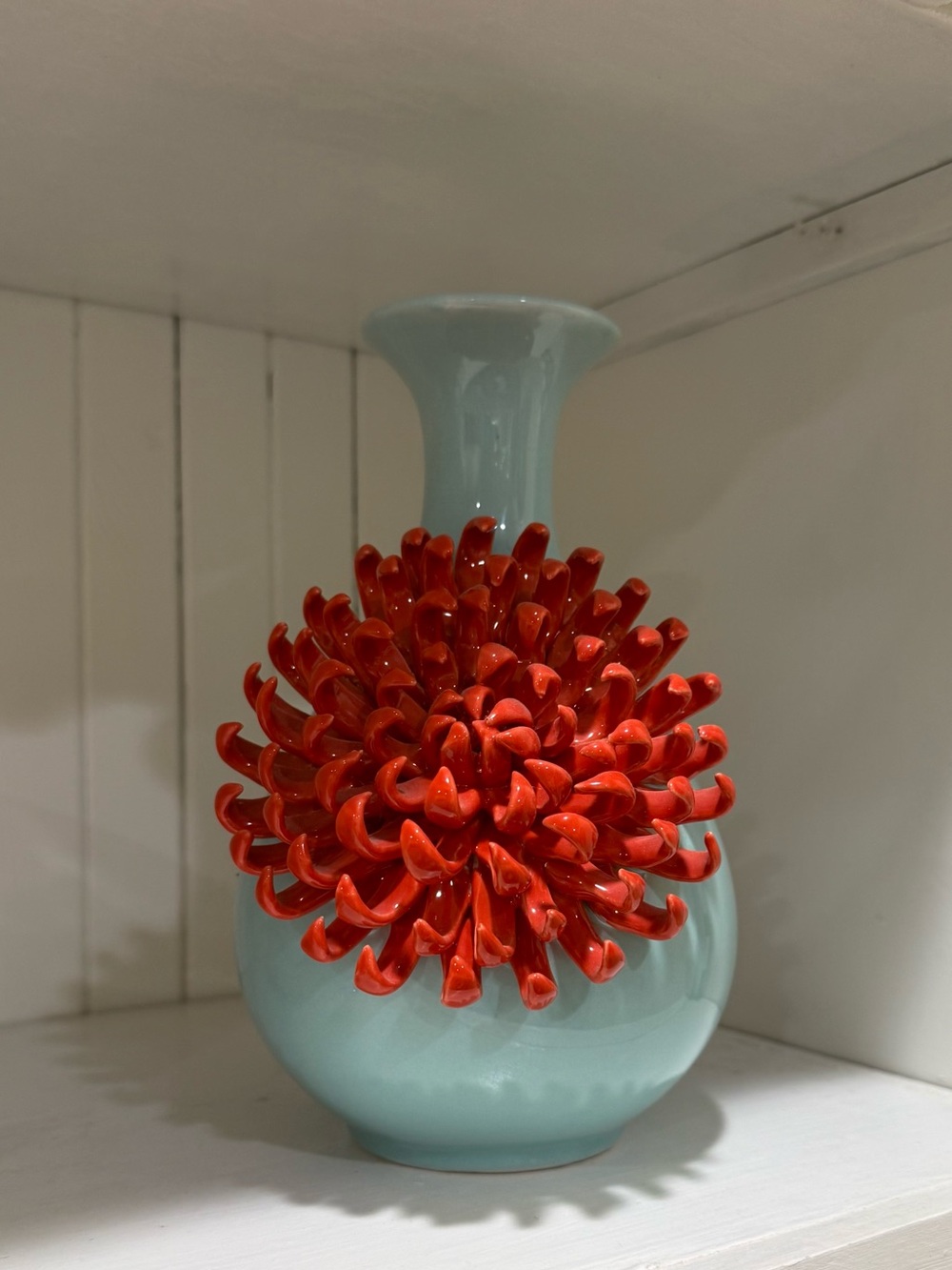 Anthropologie Celadon Blue 3D Red Chrysanthemum Ceramic Vase Rare